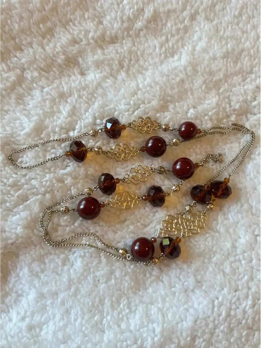 Vintage Style Beaded Long Necklace with Brown and Amber Beads